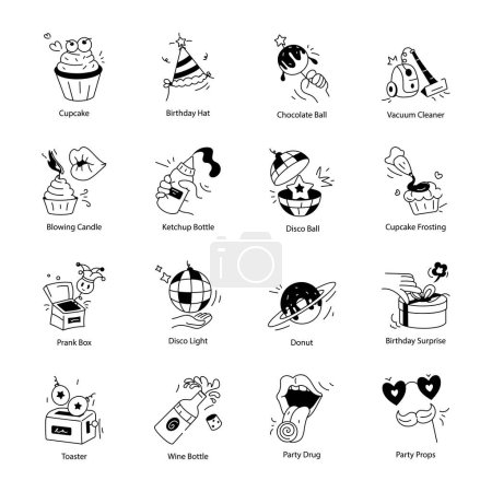 Téléchargez les illustrations : Collection d'icônes de fête d'anniversaire Doodle - en licence libre de droit