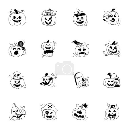 Téléchargez les illustrations : Halloween citrouilles ensemble icônes noir et blanc - en licence libre de droit