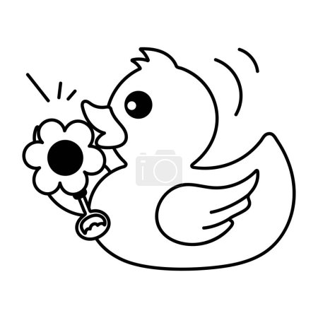 Téléchargez les illustrations : Petit canard dessin animé mignon avec fleur sur fond blanc - en licence libre de droit