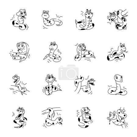 Ilustración de Conjunto de iconos de serpientes de dibujos animados, ilustración en blanco y negro - Imagen libre de derechos