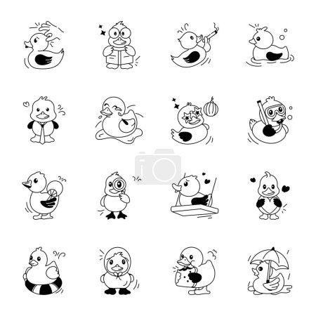 Téléchargez les illustrations : Bébé Canards Doodle Style icônes - en licence libre de droit