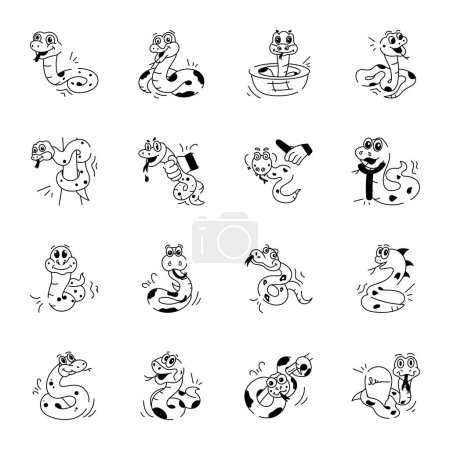Téléchargez les illustrations : Ensemble d'icônes de serpents de bande dessinée, illustration noir et blanc - en licence libre de droit