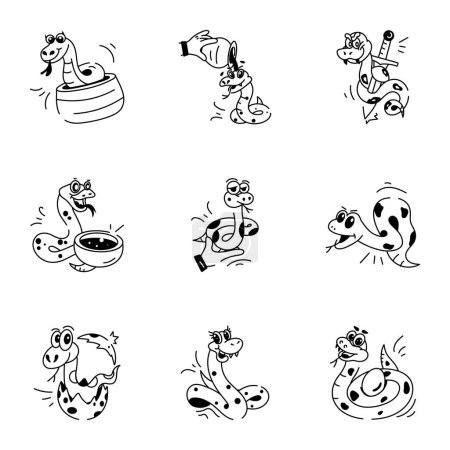 Téléchargez les illustrations : Ensemble d'icônes de serpents de bande dessinée, illustration noir et blanc - en licence libre de droit