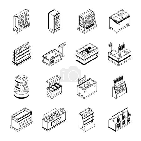 Téléchargez les illustrations : Collection de comptoirs de magasin Icônes isométriques - en licence libre de droit