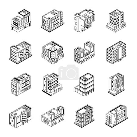 Téléchargez les illustrations : Icônes des bâtiments ensemble, illustration vectorielle - en licence libre de droit