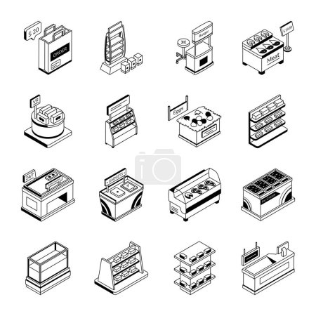 Illustration for Collection of Store Counters Isometric Icons - Royalty Free Image