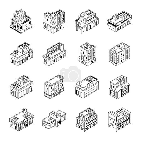 Ilustración de Edificios iconos conjunto, ilustración vectorial - Imagen libre de derechos