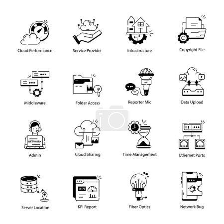 Illustration for Line icons related to data exchange, traffic, files, cloud, server. Outline icon collection - Royalty Free Image