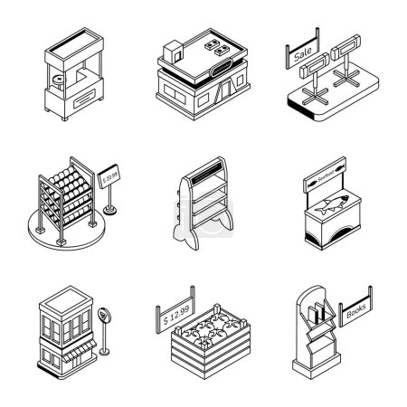 Téléchargez les illustrations : Ensemble de comptoirs de magasin Icône plate isométrique - en licence libre de droit