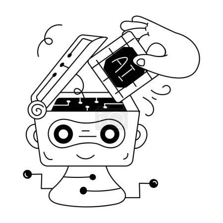 Téléchargez les illustrations : Robot de dessin animé mignon isolé avec illustration vectorielle de puce d'intelligence artificielle - en licence libre de droit