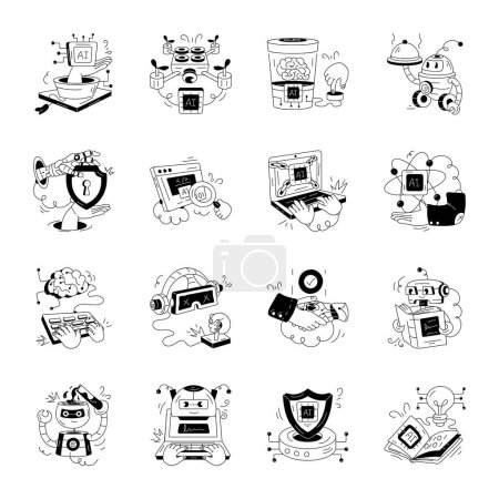 Téléchargez les illustrations : Pack d'illustrations dessinées à la main d'IA et de robotique - en licence libre de droit