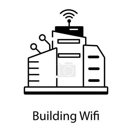 Téléchargez les illustrations : Icône du bâtiment wifi, conception vectorielle ligne - en licence libre de droit