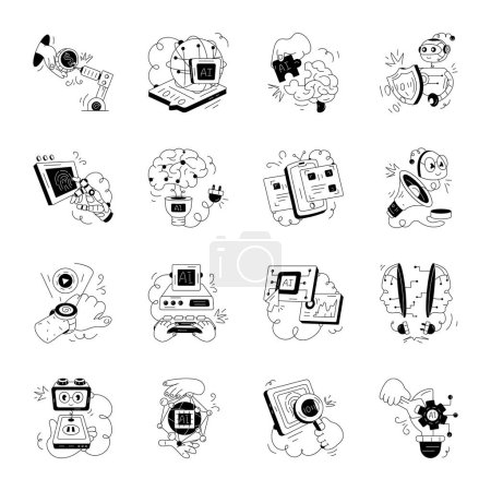 Téléchargez les illustrations : Pack d'illustrations dessinées à la main d'IA et de robotique - en licence libre de droit