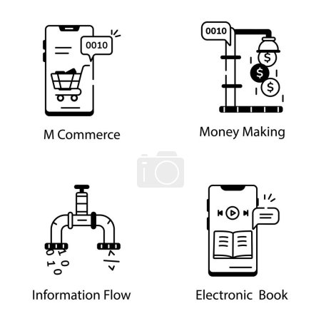 Illustration for Vector illustration of business icons set, M Commerce, Money Making, Information flow and Electronic book icons - Royalty Free Image