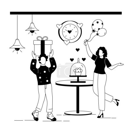 Foto de Jóvenes amantes pareja celebrando en casa con globos vector ilustración diseño - Imagen libre de derechos