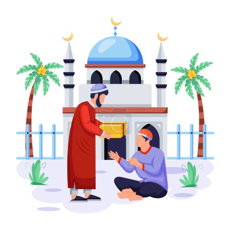 Illustration for Vector illustration of Muslim man delivery a box near a mosque - Royalty Free Image