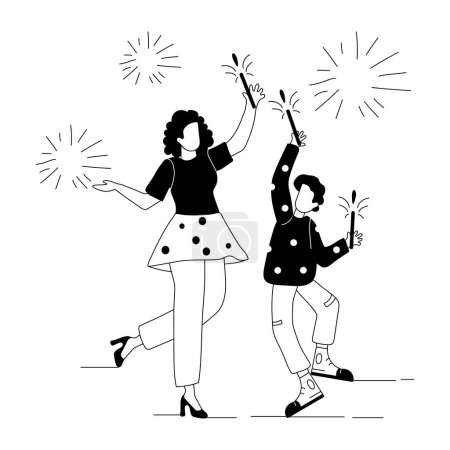 Téléchargez les illustrations : Illustration de la famille heureuse célébrant le nouvel an avec des étincelles - en licence libre de droit