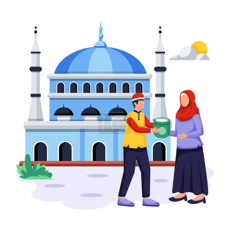 Ilustración de Mujer musulmana y hombre con ilustración de dibujos animados mezquita - Imagen libre de derechos