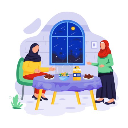 Téléchargez les illustrations : Femmes musulmanes dînant à la maison. - en licence libre de droit