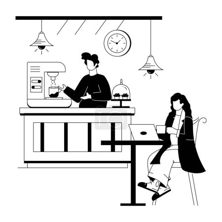 Foto de Barista haciendo café y mujer que trabaja en la cafetería, cafetería e ilustración de vectores de café - Imagen libre de derechos