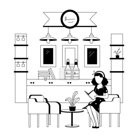 Foto de Mujer joven sentada en la cafetería con libro - Imagen libre de derechos