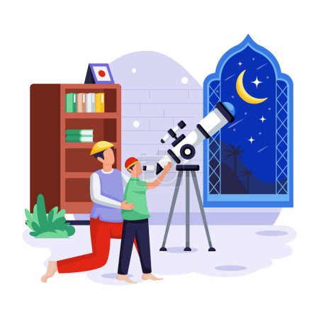 Illustration for Muslim father showing his son moon in telescope. muslim people with a telescope. - Royalty Free Image
