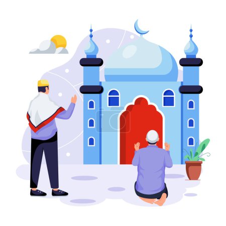 Illustration for Muslim men praying in mosque, Muslim men with traditional clothes and traditional mosque, Ramadan concept, vector illustration design - Royalty Free Image