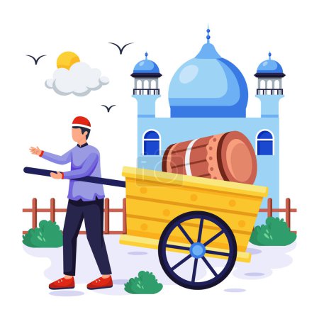 Téléchargez les illustrations : Illustration vectorielle de dessin animé de l'homme arabe avec chapeau traditionnel avec chariot sur rue isolé sur fond blanc - en licence libre de droit
