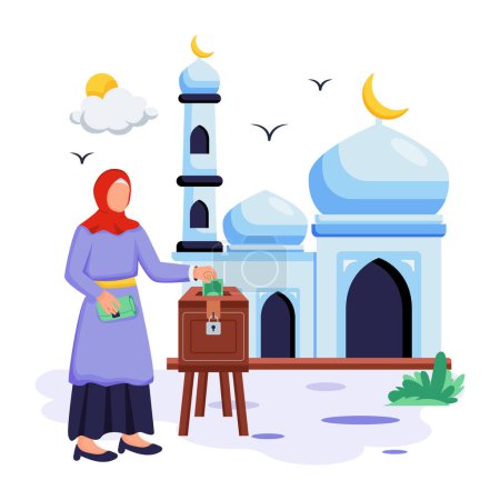 Illustration for Muslim woman in traditional dress making a donation n ear mosque vector illustration design - Royalty Free Image