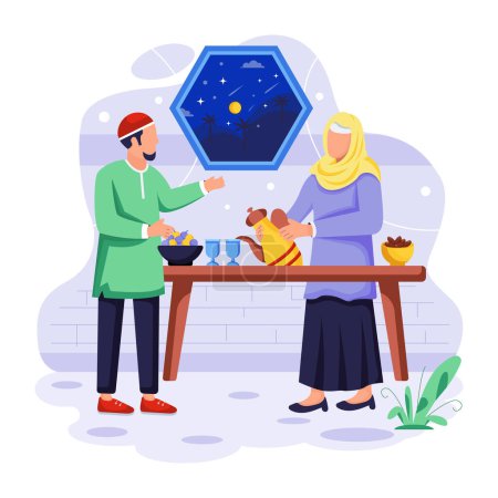 Foto de Vector ilustración de una pareja musulmana con una comida y bebidas musulmanas. - Imagen libre de derechos
