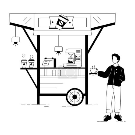Téléchargez les illustrations : Homme avec une tasse de café près de café de rue illustration vectorielle - en licence libre de droit