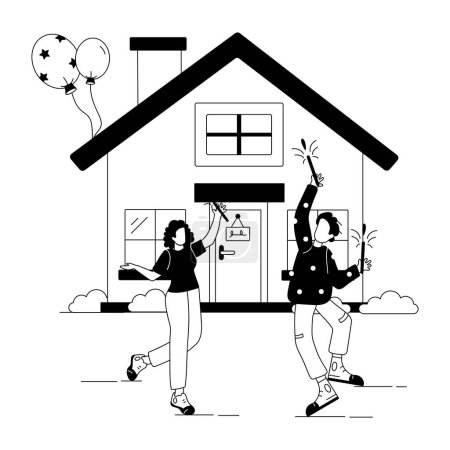 Illustration for Happy family couple celebrating with balloons near house, vector illustration graphic design - Royalty Free Image