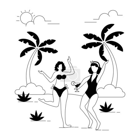 Foto de Pareja de mujeres jóvenes en traje de baño en la playa vector ilustración - Imagen libre de derechos
