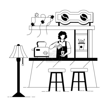 Foto de Blanco y negro del personal haciendo café en una cafetería, vector de dibujos animados - Imagen libre de derechos