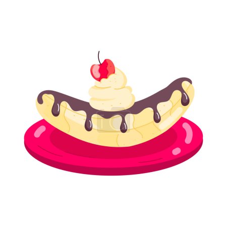 Foto de Delicioso plátano dulce con cereza y helado en placa vector ilustración diseño - Imagen libre de derechos