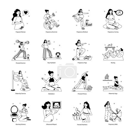 Téléchargez les illustrations : Ensemble vectoriel de femme enceinte faisant fitness et autres choses à la maison icônes - en licence libre de droit