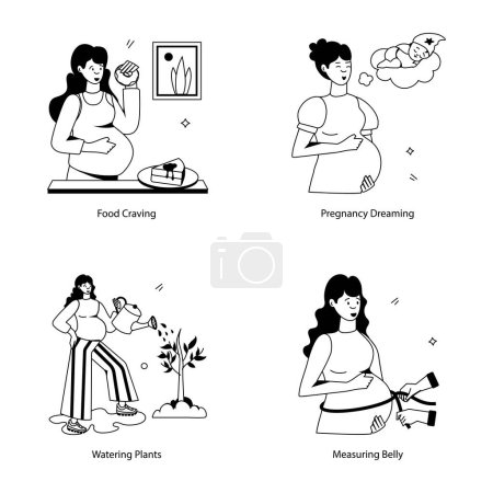 Téléchargez les illustrations : Femme enceinte set icônes illustrations vectorielles, plantes d'arrosage, ventre de mesure, rêver et envie de nourriture - en licence libre de droit
