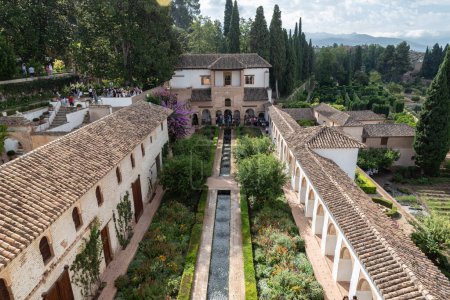 Photo for Aerial view of the north pavilion of the Patio de la Acequia in the Almunia palace in the Generalife from the tower of the south pavilion - Royalty Free Image