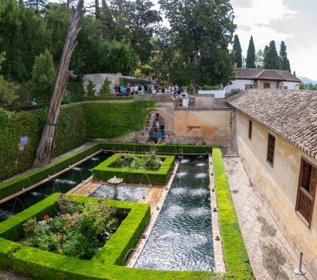 Foto de Patio de la Sultana del Palacio de la Almunia en el Generalife con jardines, fuentes y ciprés seco - Imagen libre de derechos