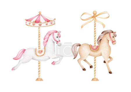 Téléchargez les photos : Carousel horses isolated on white background. Watercolor horses. Vintage toys - en image libre de droit