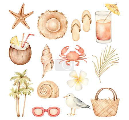 Foto de Summer vacation. tropical beach. travel, holiday, watercolor illustration - Imagen libre de derechos