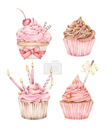 Téléchargez les photos : Ensemble de cupcakes d'anniversaire aquarelle, isolé sur blanc, illustration dessinée à la main. - en image libre de droit