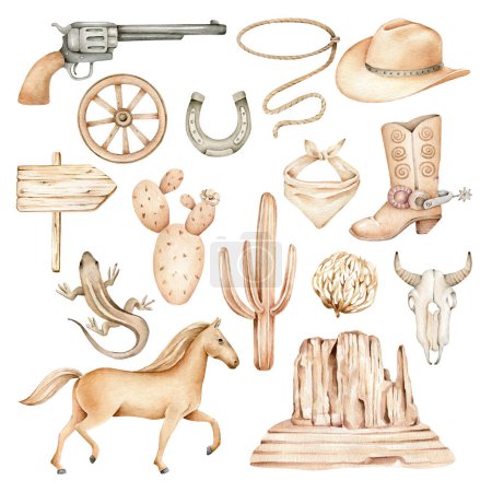 hand drawn vintage collection of cowboy with animals, old things. watercolor illustration in sketch style
