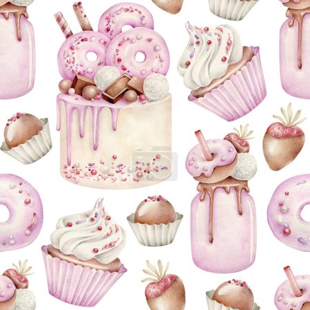 seamless background with watercolor cupcakes, illustration, hand drawn