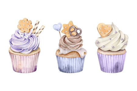 Téléchargez les photos : Aquarelle ensemble de cupcakes sur fond blanc - en image libre de droit