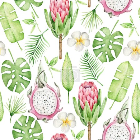Foto de Acuarela patrón tropical sin costuras con flores exóticas, monstera, hojas de palma sobre fondo blanco - Imagen libre de derechos