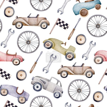 Photo for Watercolor pattern with retro cars.Car toy.Retro transport.Wallpaper,wrapping paper design.Seamless pattern for little boy - Royalty Free Image