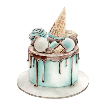 Foto de Acuarela ilustración de pastel con crema de chocolate - Imagen libre de derechos