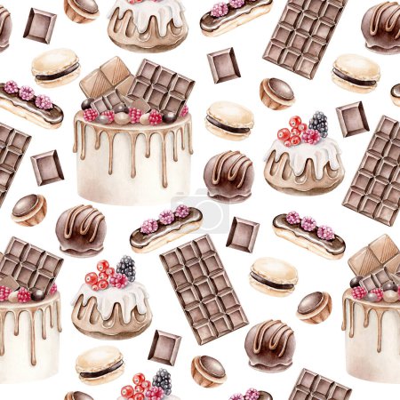 Foto de Patrón de acuarela dibujado a mano: pastel de chocolate, barra de chocolate, eclair, cupcake, macarrones, caramelos - Imagen libre de derechos