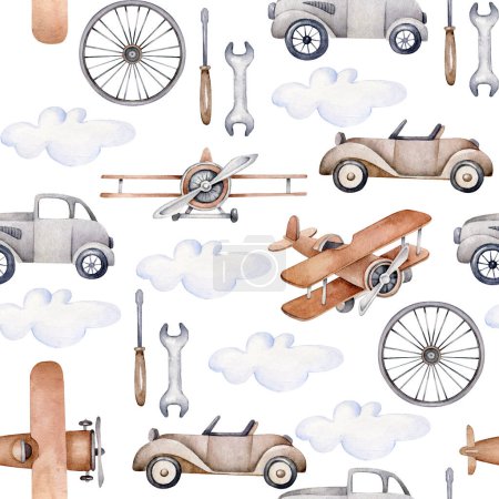 Watercolor baby pattern with retro cars and planes